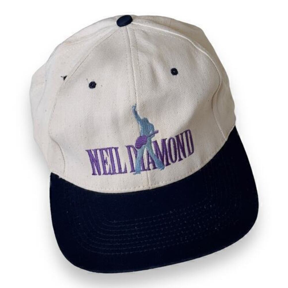 Vintage 1990’s Neil Diamond Embroidered Cream & Navy Trucker KC Snapback Cap Hat